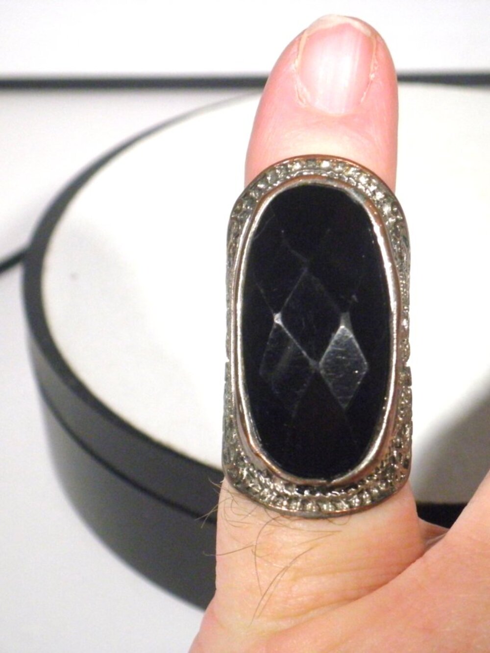 Vintage Long Faceted Black Glass Woman's Ring - Silver over Copper. Size 7 3/4